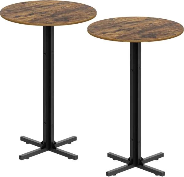 Set of two round bar height cocktail tables with rustic brown and black finishes