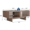mid-century-modern-coffee-table-storage-living-room-2 Rectangular walnut coffee table with sliding slatted door seen from the front