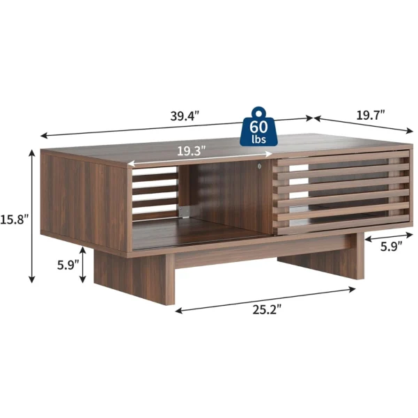 mid-century-modern-coffee-table-storage-living-room-2 Rectangular walnut coffee table with sliding slatted door seen from the front