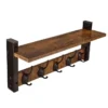 Rustic Wood Wall Shelf with 5 Hooks for Entryway