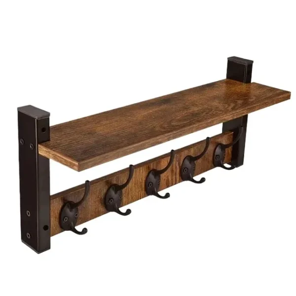 Rustic Wood Wall Shelf with 5 Hooks for Entryway