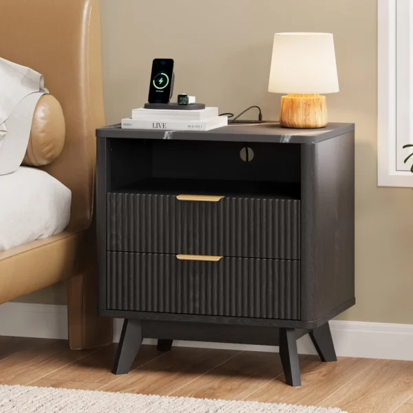Wood bedside table with two wave-front drawers and gold handles