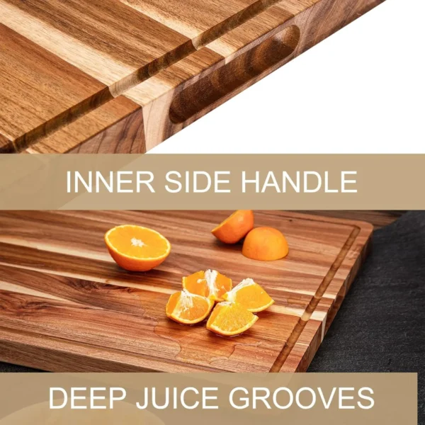 Reversible butcher block cutting board flipped to show the serving side