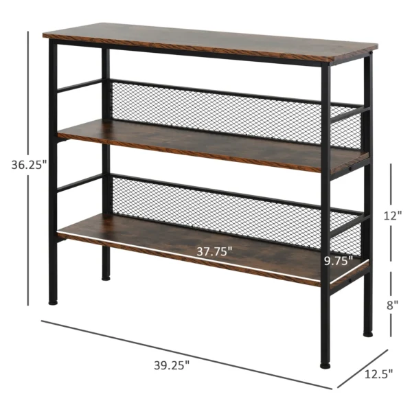 Close-up of the metal backing on the lower tiers of the console table