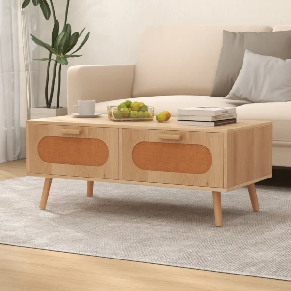 wooden-coffee-table-with-storage-rattan-2 Front view of the natural rattan coffee table showing both hand-woven drawer fronts and wooden handles