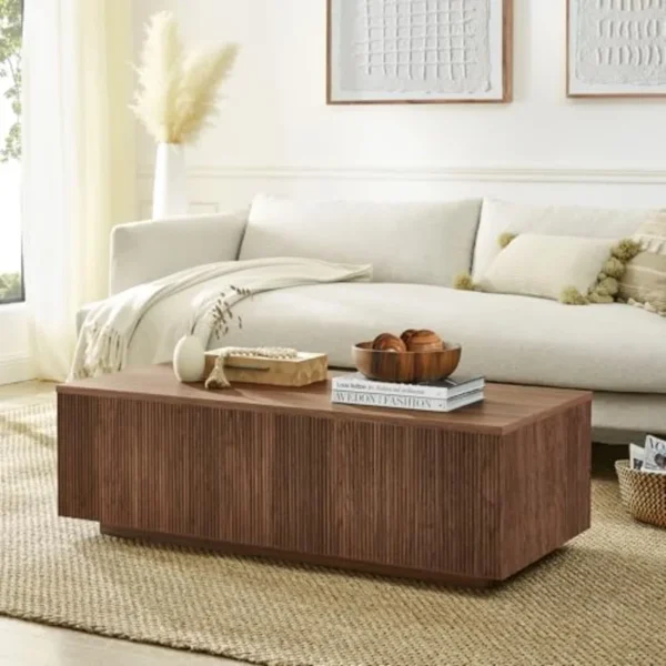 Medium Walnut finish detail on the 48-inch fluted coffee table top