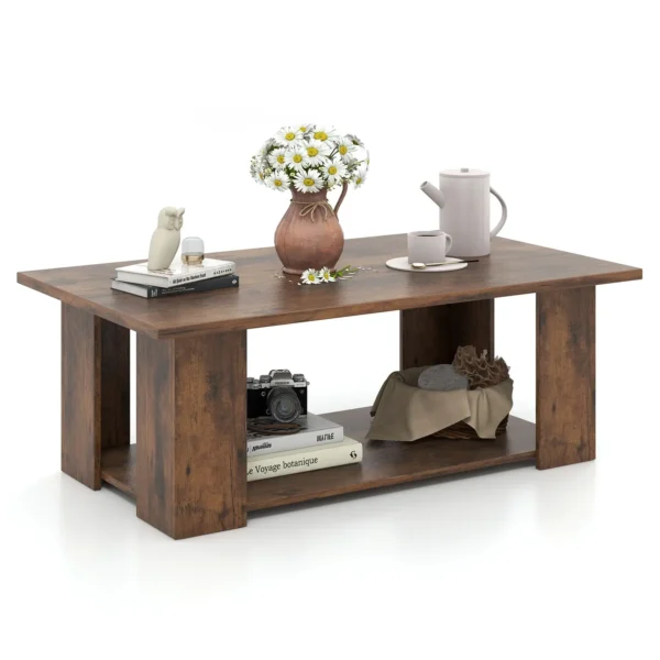large-coffee-table-living-room-41-inch-two-tier-4 Modern coffee table with books and a game console on the open storage shelf