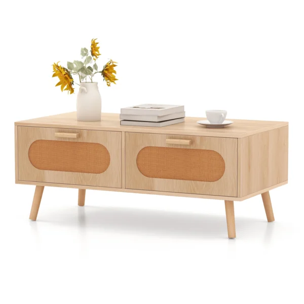 wooden-coffee-table-with-storage-rattan-1 Wooden coffee table with storage shown in a boho living room with two rattan drawers