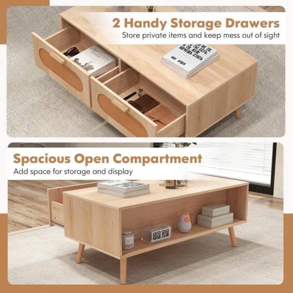 wooden-coffee-table-with-storage-rattan-3 Close-up of the woven wood pulp rattan drawer front and wooden handle in a natural finish