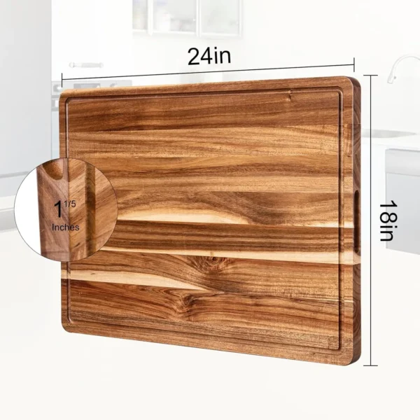 Wood cutting board styled as a charcuterie serving board on a table