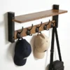 Rustic Wood Wall Shelf with 5 Hooks for Entryway