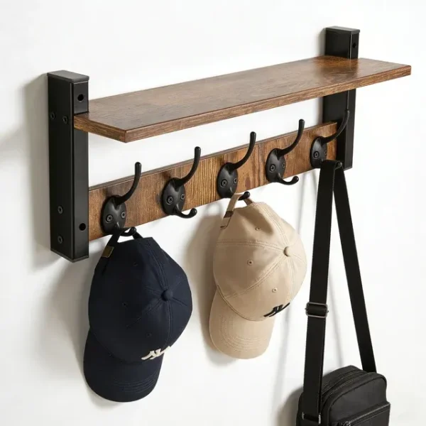 Rustic Wood Wall Shelf with 5 Hooks for Entryway