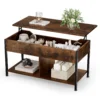 Brown lift top coffee table with the top raised in a farmhouse living room