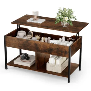 Brown lift top coffee table with the top raised in a farmhouse living room