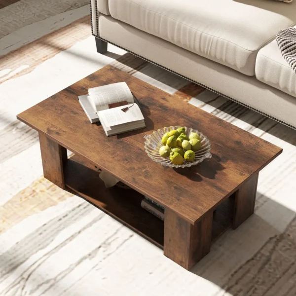 large-coffee-table-living-room-41-inch-two-tier-6 Coffee table styled in a living room with drinks, plants and decorative items on top