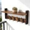 Rustic Wood Wall Shelf with 5 Hooks for Entryway