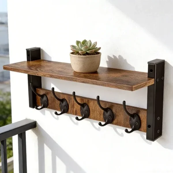 Rustic Wood Wall Shelf with 5 Hooks for Entryway