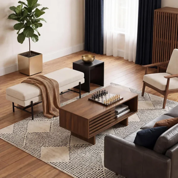 mid-century-modern-coffee-table-storage-living-room-7 Compact 39.4 inch coffee table in front of a sofa in an apartment living room