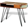 Painted iron legs supporting the rectangular reclaimed wood desk