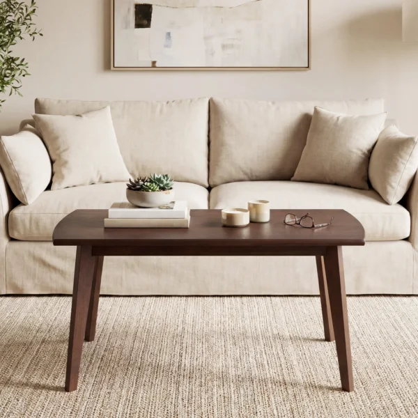 Front view of the mid-century modern wood coffee table showing the 34.5 inch rectangular top