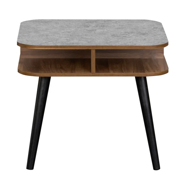 Faux marble end table with grey marble-look square top in a living room