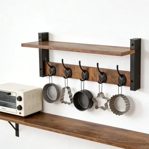 Rustic Wood Wall Shelf with 5 Hooks for Entryway