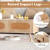 wooden-coffee-table-with-storage-rattan-4 Open drawer of the coffee table revealing the 17 in x 11.5 in x 5 in interior with smooth metal slides