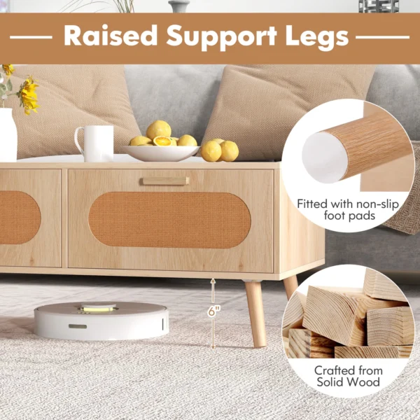 wooden-coffee-table-with-storage-rattan-4 Open drawer of the coffee table revealing the 17 in x 11.5 in x 5 in interior with smooth metal slides