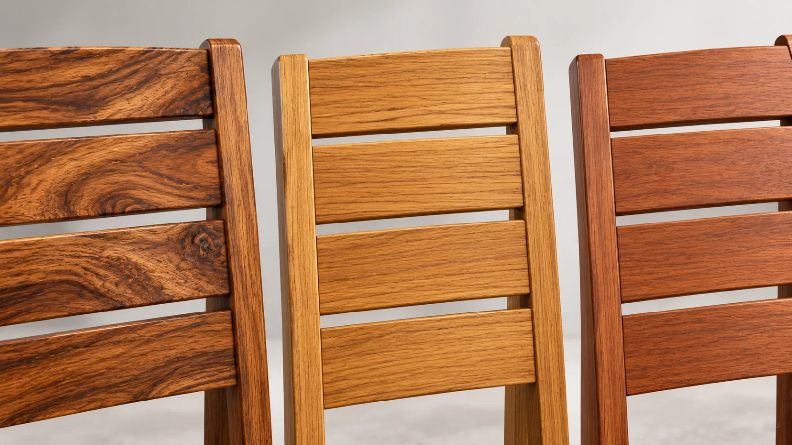 Acacia, teak and eucalyptus chair slats side by side showing grain and color