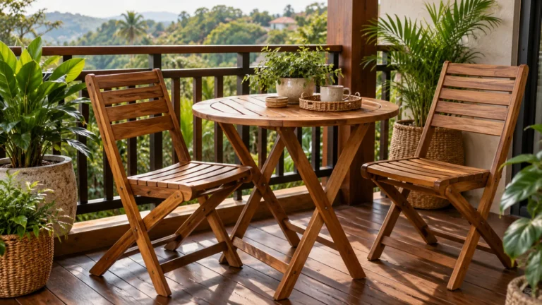 Acacia wood outdoor bistro set with two chairs and a round table on a covered balcony