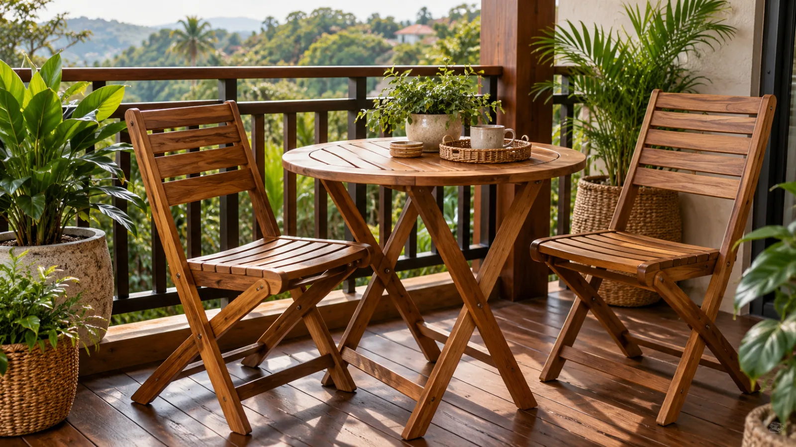 Acacia wood outdoor bistro set with two chairs and a round table on a covered balcony