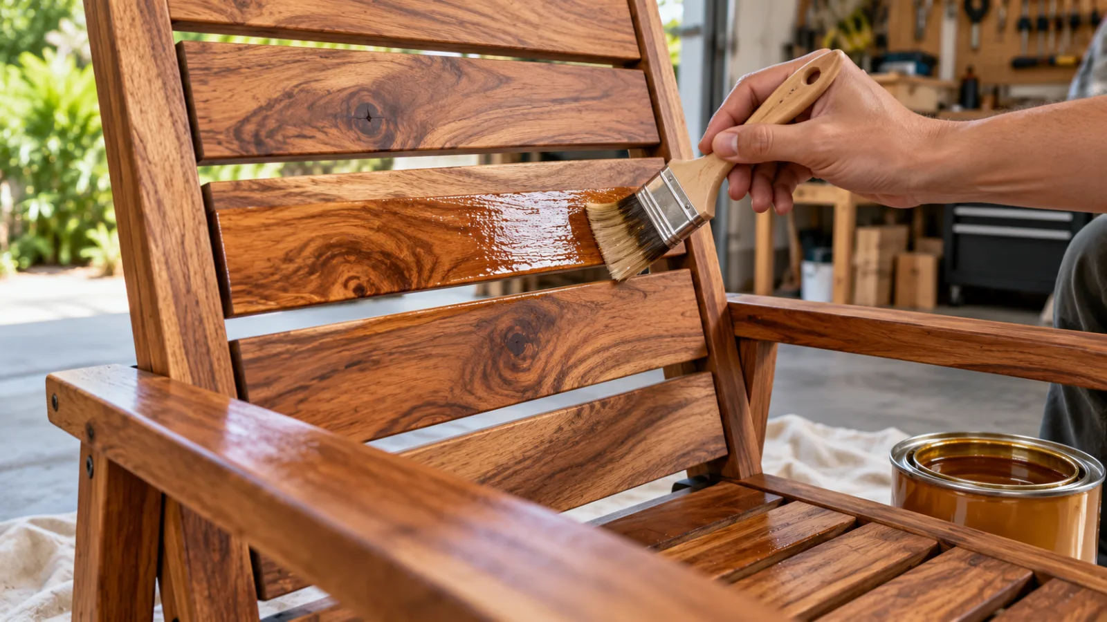 Brushing clear spar varnish onto an acacia wood outdoor chair slat