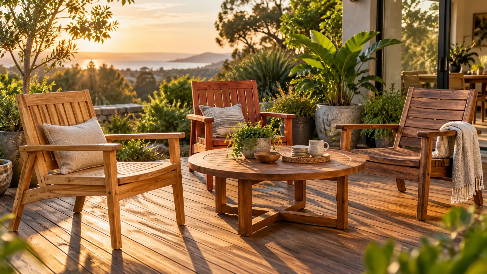 Teak, cedar and acacia outdoor chairs around a round wooden table on a sunny deck