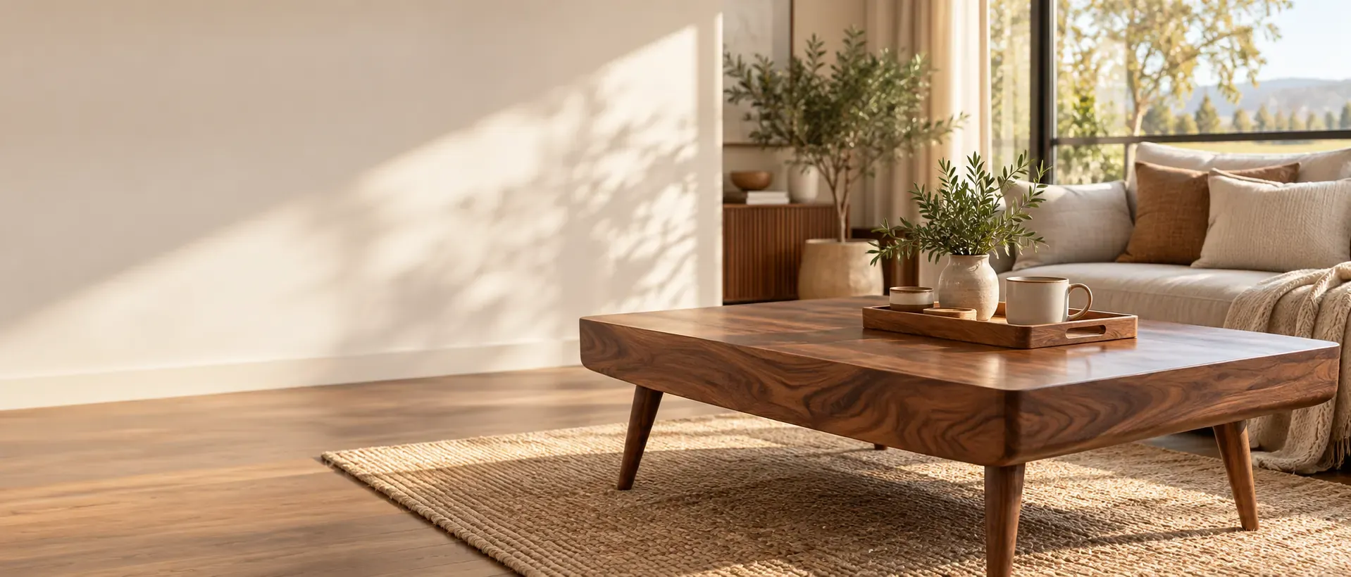 Sunlit living room with a solid wood coffee table on a jute rug