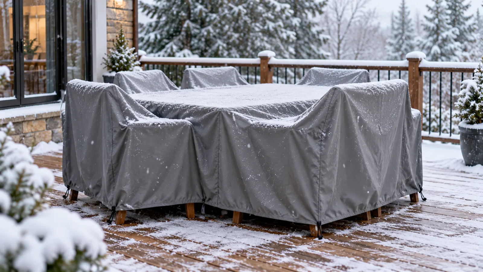 Outdoor wood patio set under a breathable cover on a snowy deck in winter
