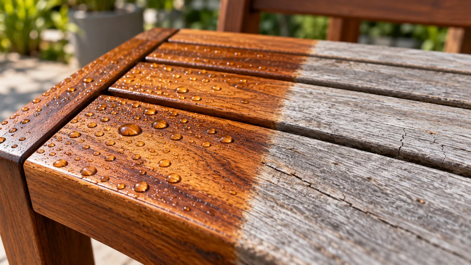 Oiled acacia wood with water beading next to weathered gray acacia with surface cracks