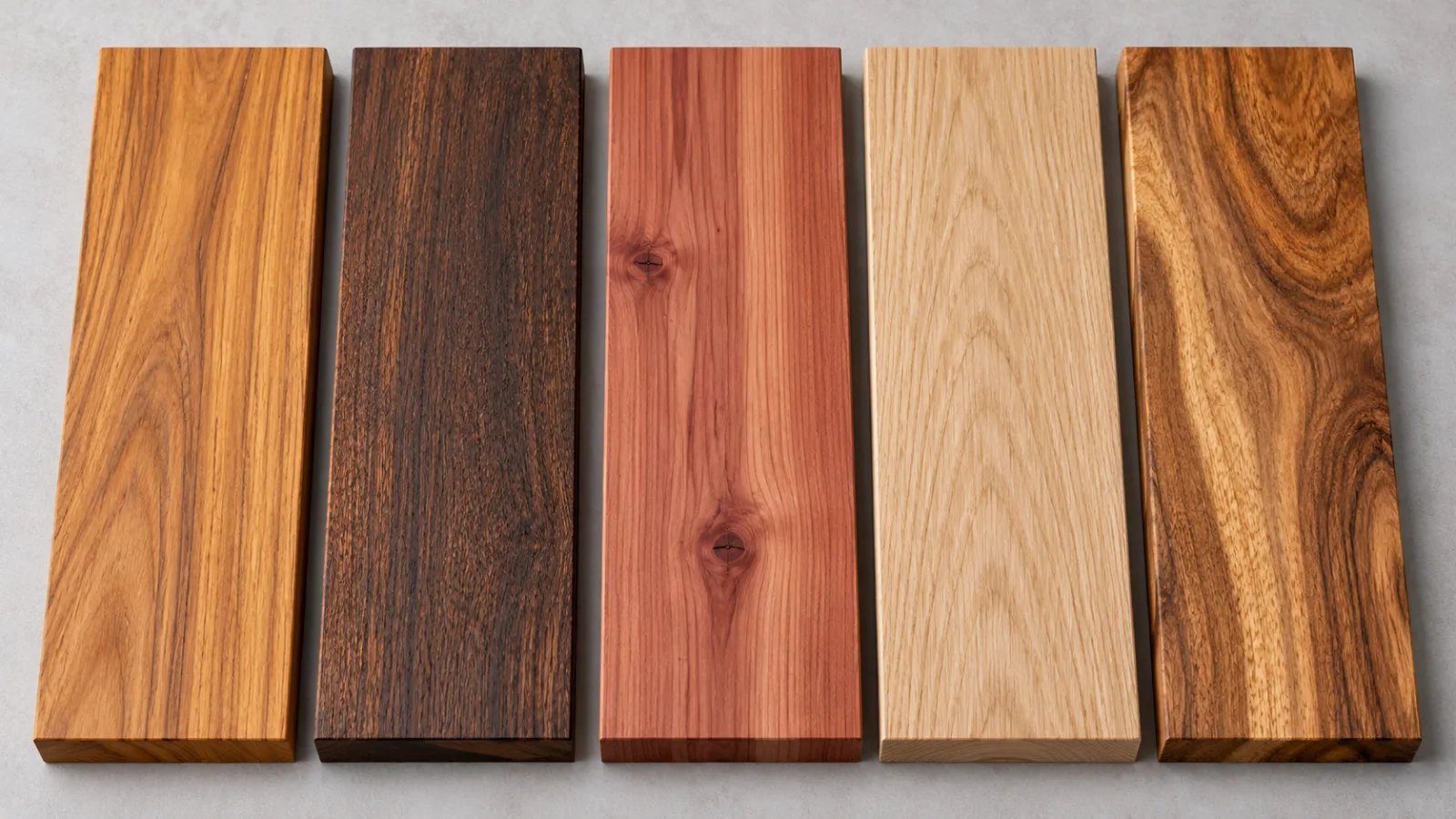 Samples of teak, ipe, western red cedar, white oak and acacia wood side by side