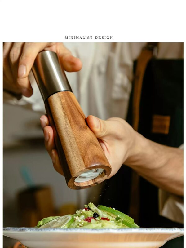 Cylindrical ceramic seasoning grinder and jar set with acacia wood accents, Japanese-style design for black peppercorns and kitchen use.