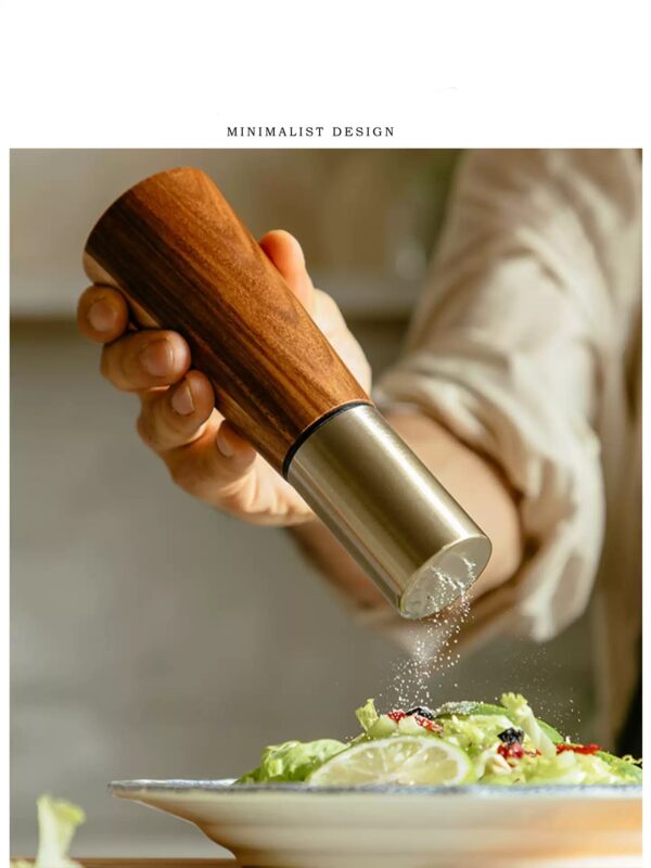 Cylindrical ceramic seasoning grinder and jar set with acacia wood accents, Japanese-style design for black peppercorns and kitchen use.