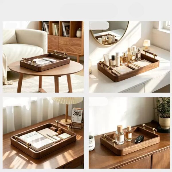 product-e6724baef9f8e81f Rectangular solid wood walnut tray with vintage style, available in multiple sizes and handle options for desktop and entryway organization.