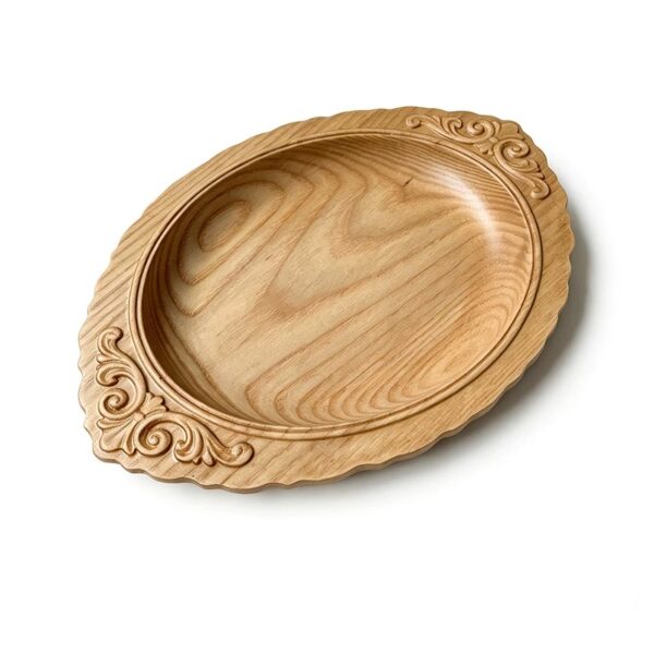 North American ash solid wood tray with natural grain, unpainted and colorless, shown as a dry fruit plate and tea tray in a vintage mid-century style.