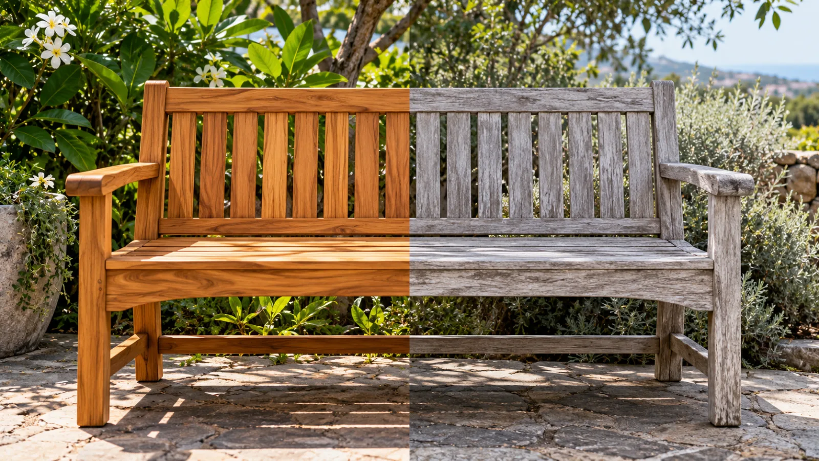 Teak garden bench showing new oiled honey-brown wood beside weathered silver-gray patina