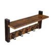 Rustic Wood Wall Shelf with 5 Hooks for Entryway