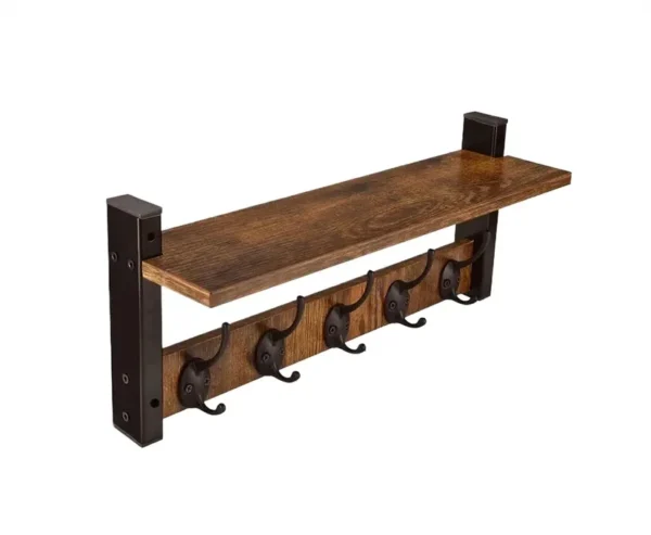 Rustic Wood Wall Shelf with 5 Hooks for Entryway